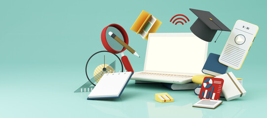 E-learning concept with laptop and wi-fi symbol surrounded by Graduate cap, open books, balloon, Ruler,statistical graph, pencil and magnifying glass on blue and yellow color tone 3d render