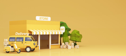 E-commerce concept, Delivery service from front store, Transportation delivery by Vans, truck and motorbike scooter and product packages, gift boxes, tree low polygon on yellow tone 3d rendering