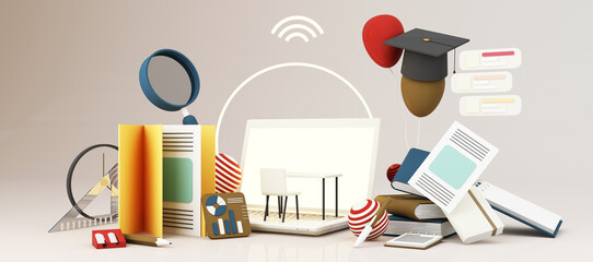 E-learning concept with laptop and wi-fi symbol surrounded by Graduate cap, open books, balloon, Ruler,statistical graph, pencil and magnifying glass on blue and yellow color tone 3d render