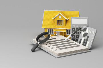 Real estate property investment or insurance. Home mortgage loan rate. Saving money for retirement concept. Coin stack on banknotes with yellow house model, homes key and cartoon hand. 3d rendering