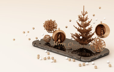 Smartphone with Christmas decorations. Christmas mock up template in gold concept. 3d rendering