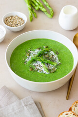 Green asparagus cream soup. Healthy eating. Vegetarian food. Diet.