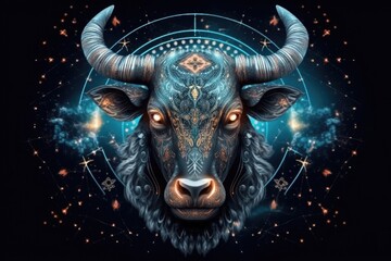 Astrology calendar. Taurus magical zodiac sign astrology. Esoteric horoscope and fortune telling concept. Taurus zodiac in universe. Generative AI