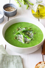 Green asparagus cream soup. Healthy eating. Vegetarian food. Diet.