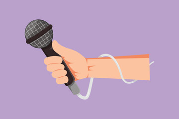 Cartoon flat style drawing of female hand with microphone isolated on blue background. Reporter television tv news holding microphone in her hand. Journalist on job. Graphic design vector illustration