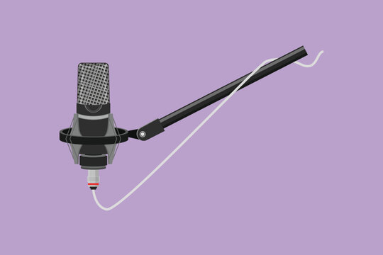 Graphic flat design drawing of modern microphone with clipping path logo, icon, symbol. Condenser mic for studio recording voice. Sound recording equipment concept. Cartoon style vector illustration