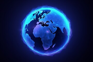 Holographic Glowing blue polygonal globe hologram on dark backdrop. Generative Ai