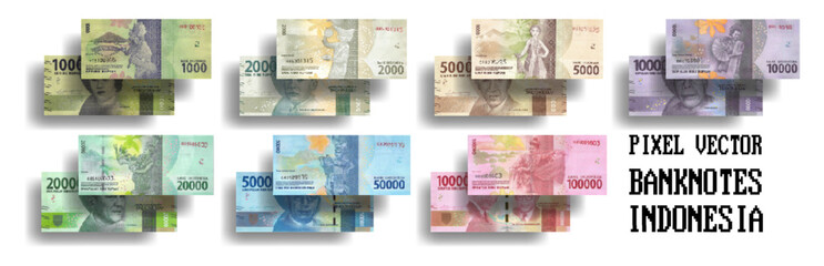 Vector pixelated mosaic set of Indonesian banknotes. Bills in denominations from 1000 to 100000 Indonesian rupiah.