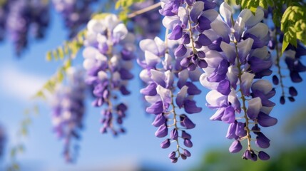 Wisteria flower against a blue sky. Generative AI.