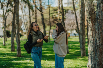 Fototapeta premium Curly haired girl saw something funny on the phone then she burst out laughing while her brunette friend is having a phone call and looking at her