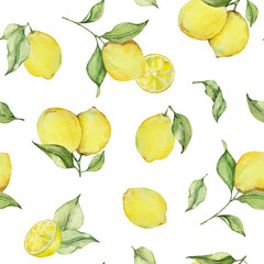 Seamless pattern of watercolor lemons and leaves