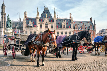Naklejka premium Horses on Grote Markt Brugge, the main attraction of Bruges, Belgium