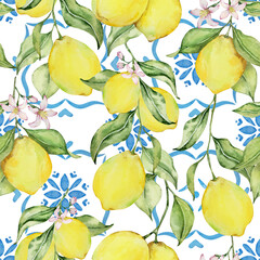 Seamless pattern of watercolor lemons, leaves and blue tiles