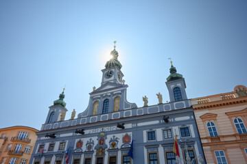 Baroque Blue Radnice Town Hall on Premysl Otakar II Square in Ceske Budejovice Southern Bohemia, Czech Republic.