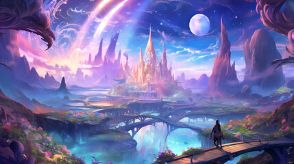 Fototapeta na wymiar Fantasy fairy tale castle land land in a fantastic, realistic style. Digital artwork, concept illustration. For poster, wallpaper, video games background.