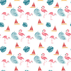 Summer seamless pattern background with flamingo birds, sailboats and leaves on white background