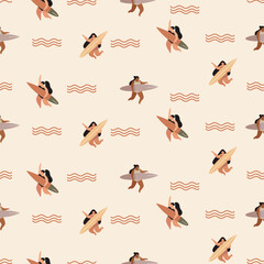 Woman with surfboard summer seamless pattern on beige color background