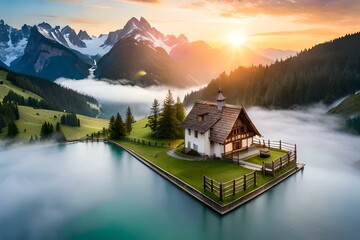 Aerial view of a small wooden house in the middle of a lake, surrounded by snow covered mountains.