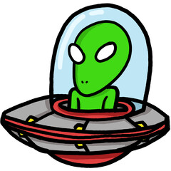green alien cartoon with UFO cartoon hand draw style with transparent background. template clip art © Res