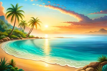Sea beach with hills, palm trees and clear blue water, created with Generative AI