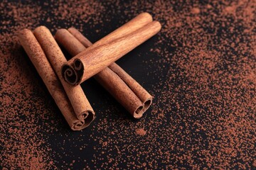 Cocoa powder and cinnamon sticks. Copy space