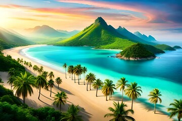 Fototapeta na wymiar Aerial view of a tropical sea beach with green hills and palm trees.