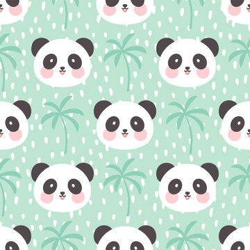 cute panda bear head on a pastel green dashed background, kids scandinavian style zoo animals seamless pattern, kawaii tropical nursery print for children, colorful wrapping paper, fabric and textile © CandyLama