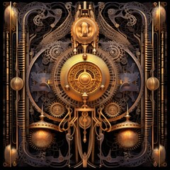 Fototapeta na wymiar symmetrical golden techno ornament, crazy fantasy steampunk mechanism, generative ai