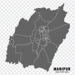 Blank map State  Manipur of India. High quality map Manipur with municipalities on transparent background for your web site design, logo, app, UI. Republic of India.  EPS10.