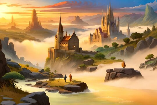 castle in the morning, castle in the mountains, Old castle,  fairytale castle. Fantasy landscape illustration