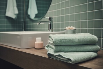 Obraz na płótnie Canvas Contemporary bathroom with fresh towels. Generative AI