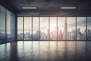 Obraz na płótnie Canvas Empty wall with space for poster in office with city view and conference room in background. Generative AI