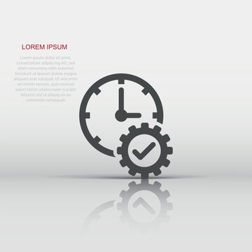 Check mark on clock icon in flat style. Gear with time vector illustration on white isolated background. Production business concept.