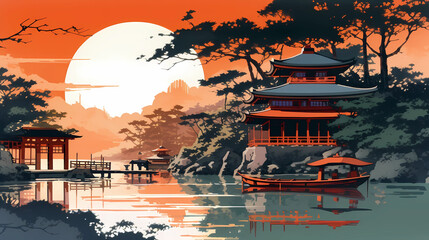 Illustration of beautiful view of Itsukushima Shrine, Japan - obrazy, fototapety, plakaty