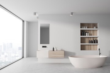 Obraz na płótnie Canvas White and wooden bathroom interior with tub, sink, mirror and shelves