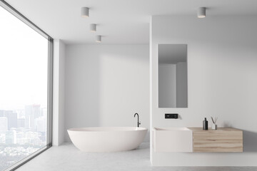 Fototapeta na wymiar Stylish bathroom interior with sink and bathtub, window and mockup wall
