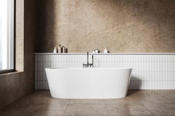 Naklejka na ściany i meble Beige home bathroom interior with tub and accessories, panoramic window