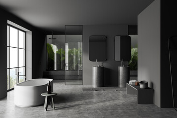 Gray bathroom with tub, double sink and shower