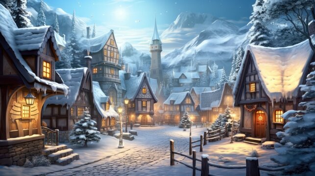 A charming winter village scene with quaint houses covered in snow, inviting viewers into a picturesque winter wonderland. Generative AI. 