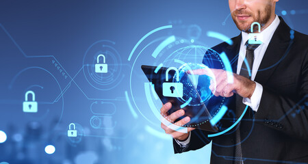 Man with tablet in city, cybersecurity interface