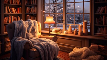 A cozy reading nook with a plush armchair, a warm blanket, and a stack of books, inviting relaxation and comfort during winter. Generative AI.  - obrazy, fototapety, plakaty