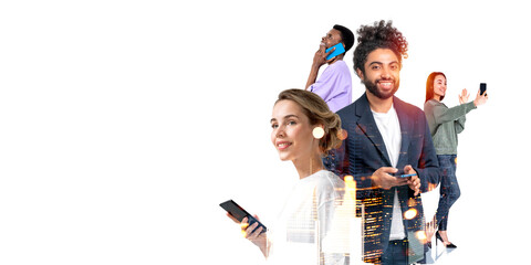 Diverse students with smartphones in city