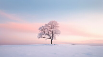 A minimalist winter landscape with a single tree silhouette against a soft pastel sky, conveying the simplicity and tranquility of the season. Generative AI. 