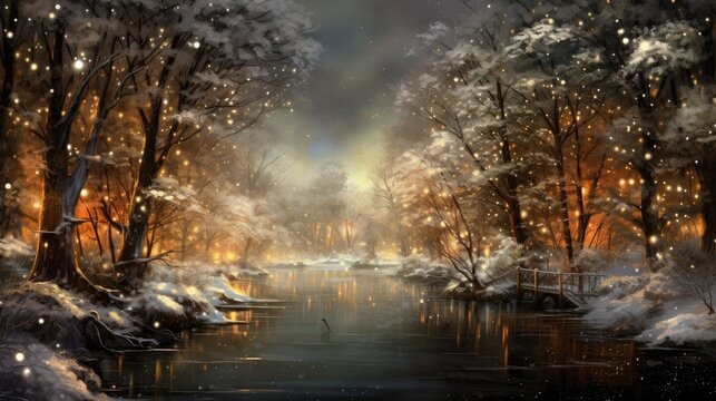 A sparkling winter scene with falling snowflakes and shimmering lights, evoking a sense of magic and wonder. Generative AI. 