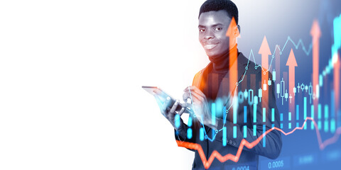 Black businessman with tablet, online trading and forex analysis. Copy space