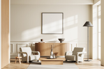 White living room interior with armchairs, dresser and poster