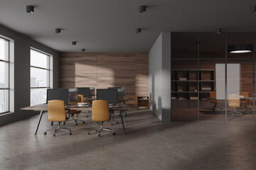 Modern office interior with coworking and business conference room, window