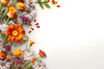 Flowers composition. Frame made of beautiful flowers on white background, top view with copy space Generative AI
