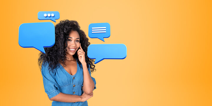 Black smiling woman with pensive look, mock up text message bubble
