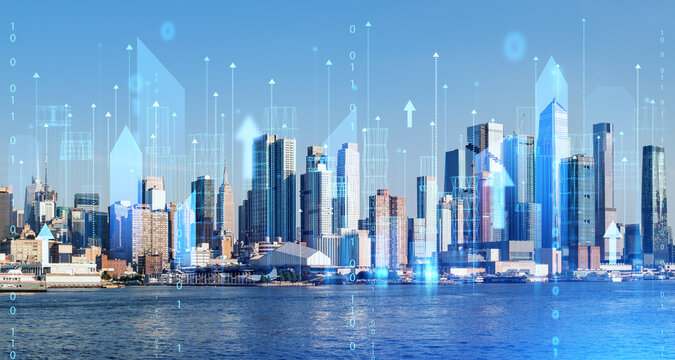 Wireframe digital interface with arrows in New York city